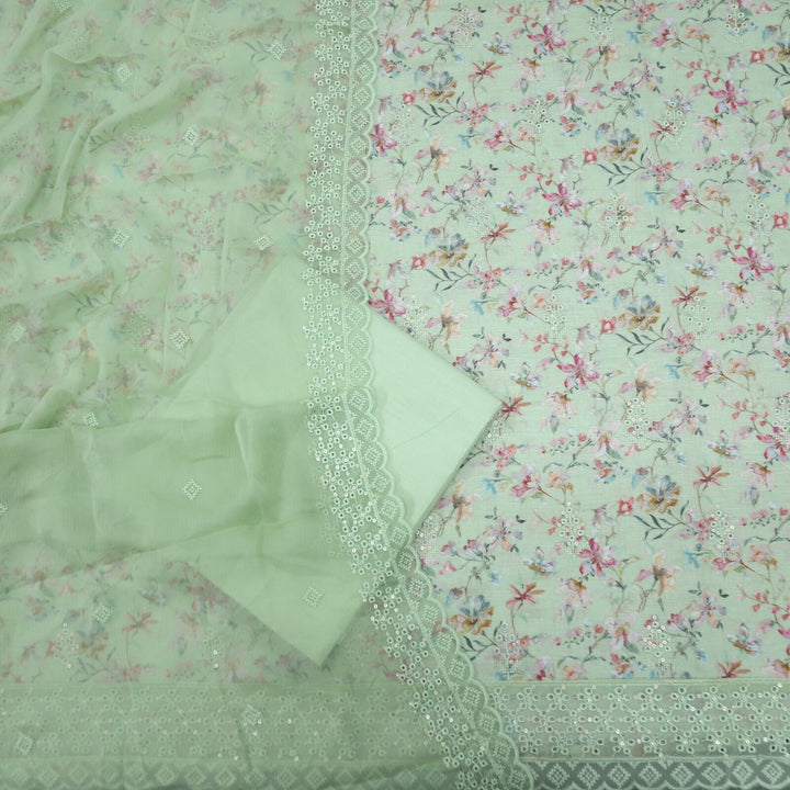 Mint Green Digital Printed Linen Top with Chiffon Dupatta Set