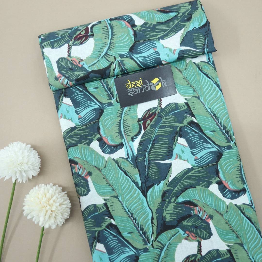 Green and Blue Tropical Printed Cotton Fabric