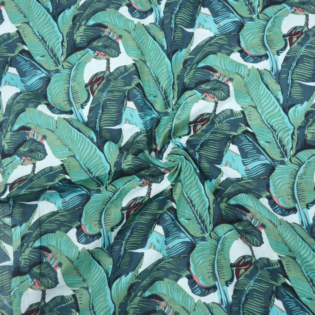 Green and Blue Tropical Printed Cotton Fabric