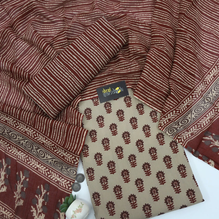 Mud Beige and Garnet Red Printed Cotton Top with Stripe Printed Dupatta Set