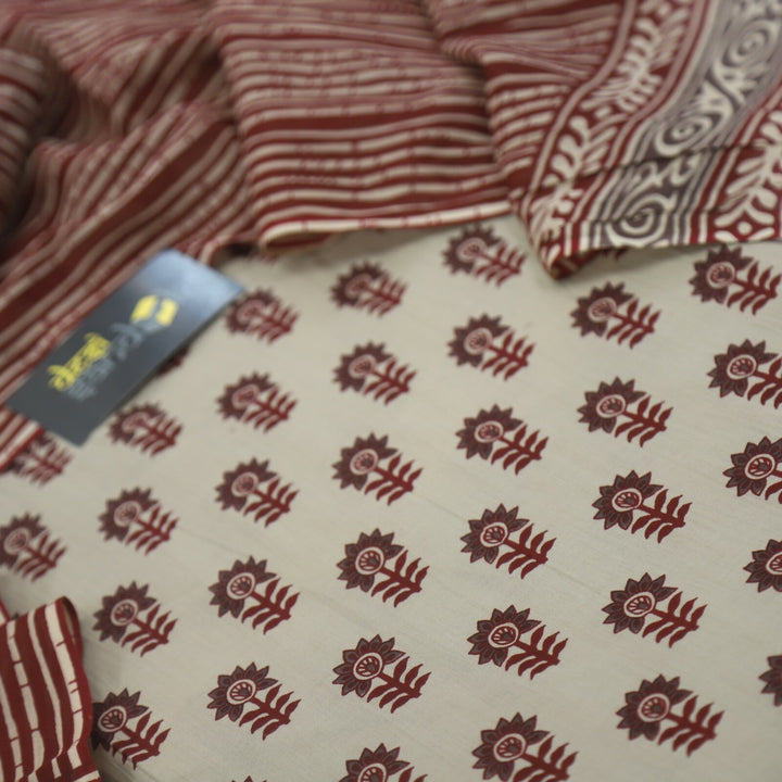 Mud Beige and Garnet Red Printed Cotton Top with Stripe Printed Dupatta Set