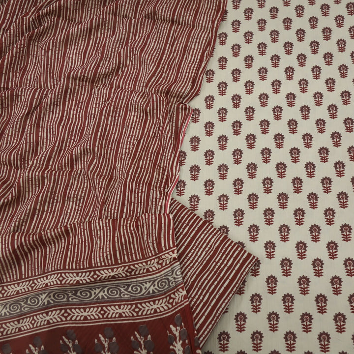 Mud Beige and Garnet Red Printed Cotton Top with Stripe Printed Dupatta Set