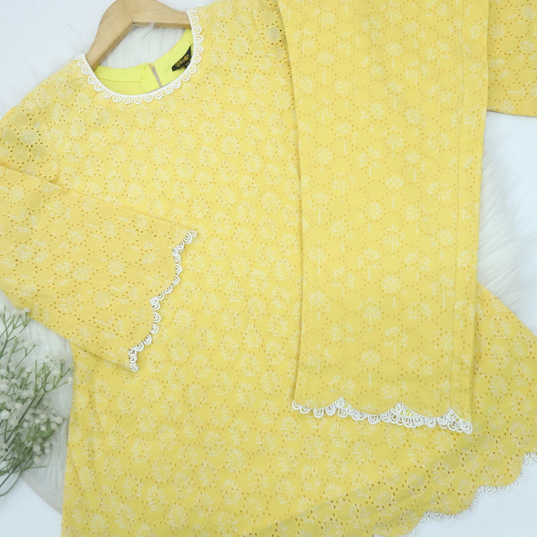 Lemon Yellow Schiffli Work Stylish Co-Ord Set