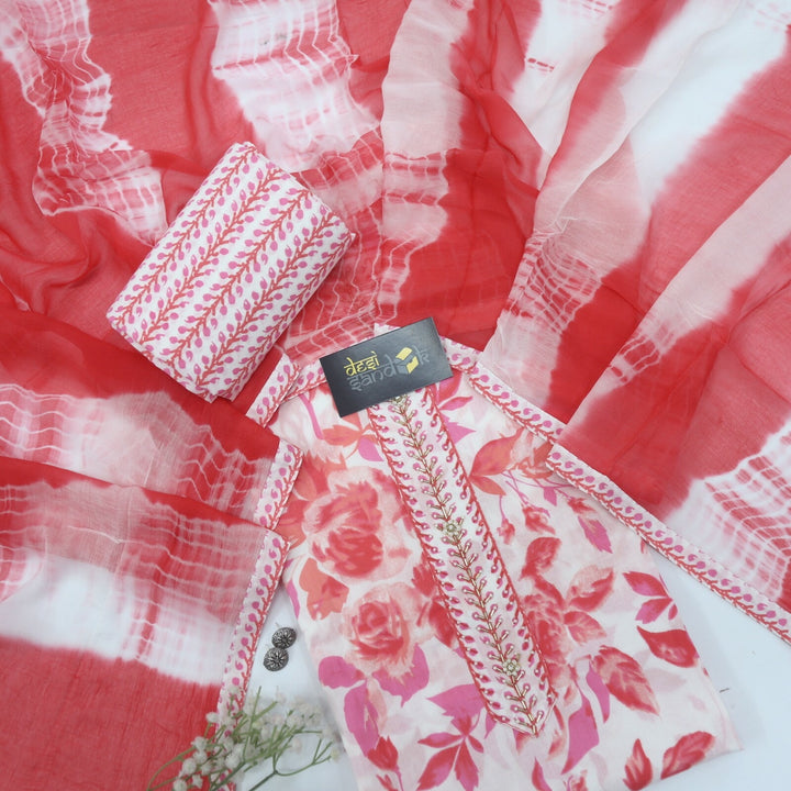 White Base with Peach Cotton Printed Top with Tie and Dye Dupatta Set