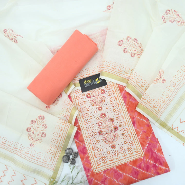 Orange and Pink Tie and Dye Effect Cotton Top with Light Beige Printed Dupatta Set