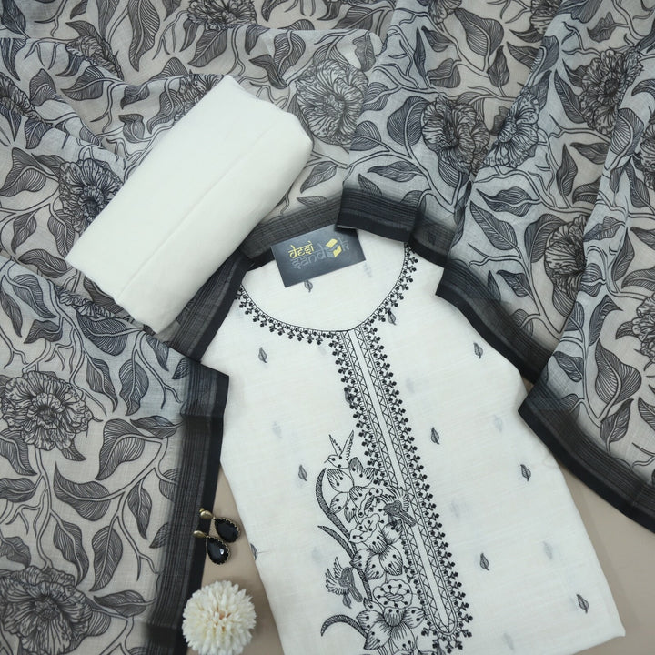 Off White and Black Cotton Linen Top with Digital Printed Dupatta Set