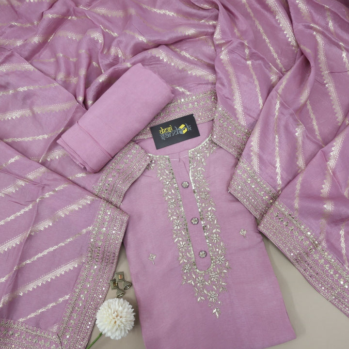 Mulberry Mauve Silk Top With Banarasi Dupatta Set