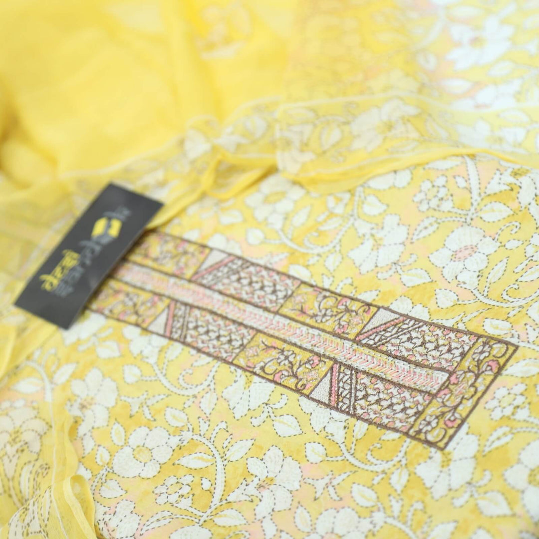 Pineapple Yellow Kantha print Cotton Top with Printed Chiffon Dupatta Set