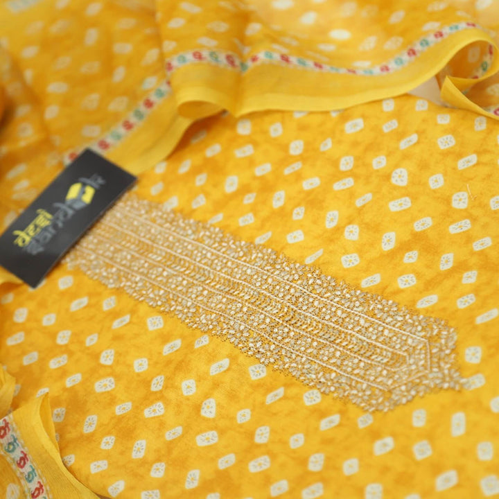 Dandelion Yellow Bandhej Printed Jam Cotton Top with Chiffon Dupatta Set