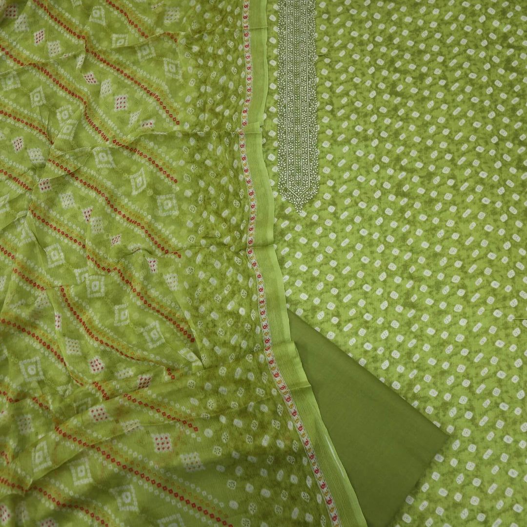 Lime Green Bandhej Printed Jam Cotton Top with Chiffon Dupatta Set