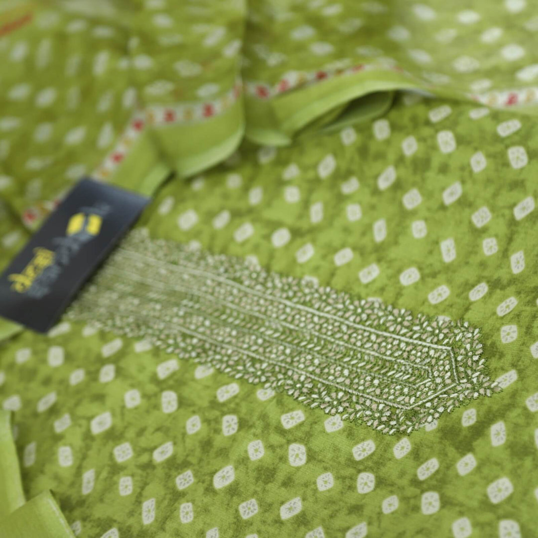 Lime Green Bandhej Printed Jam Cotton Top with Chiffon Dupatta Set