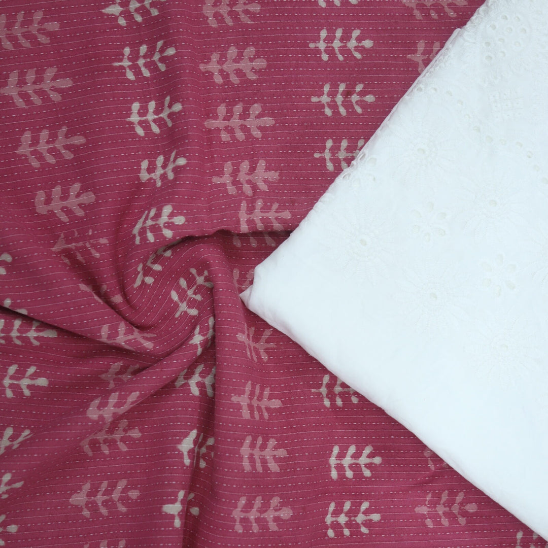 Rouge Pink Dabu Work Kantha Cotton Fabric with Schiffli