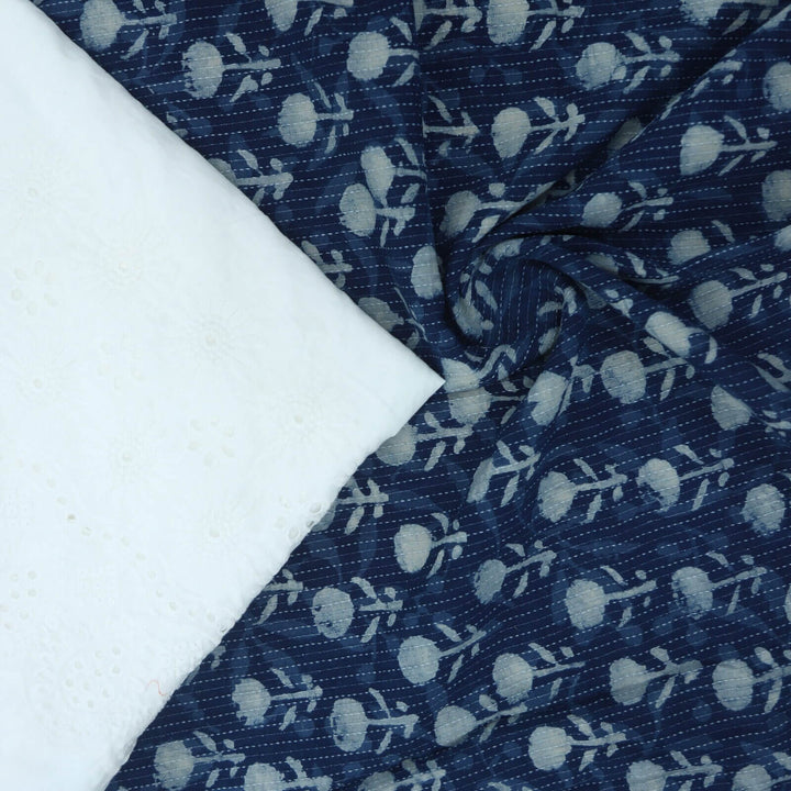 Indigo Dabu Work Kantha Cotton Fabric with Schiffali Fabric