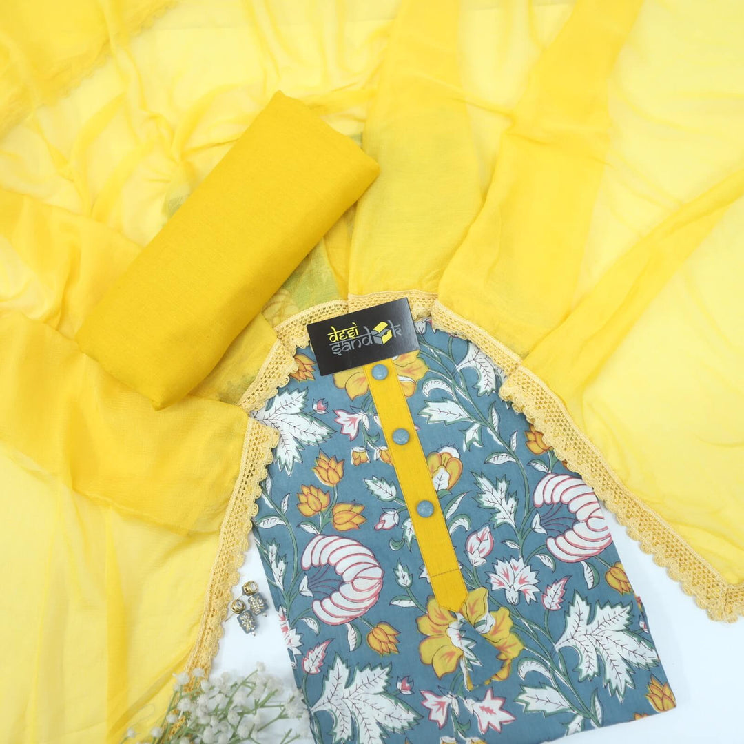 Lapis Blue Printed Cotton Top with Bumblebee Yellow Chiffon Dupatta Set