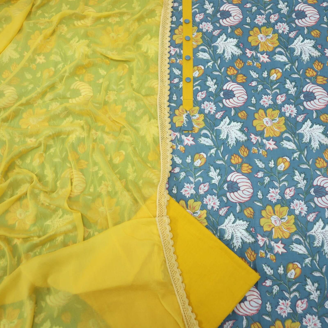 Lapis Blue Printed Cotton Top with Bumblebee Yellow Chiffon Dupatta Set