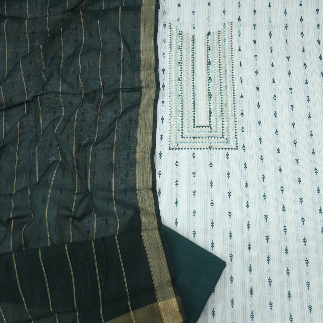 Daisy White Thread Weaving Cotton Top with Sacramento Green Khadi Cotton Silk Dupatta Set