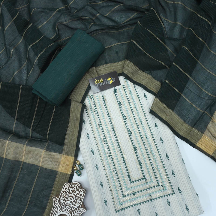 Daisy White Thread Weaving Cotton Top with Sacramento Green Khadi Cotton Silk Dupatta Set