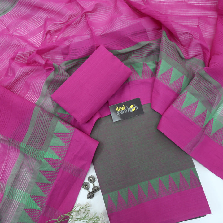Dual Shade Grey South Cotton Temple Hem with Dark Pink  Dupatta Set
