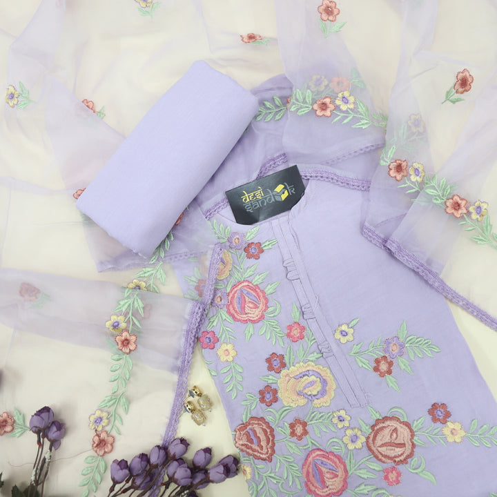 Mauve Purple Embroidered Muslin Top with Organza Dupatta Set