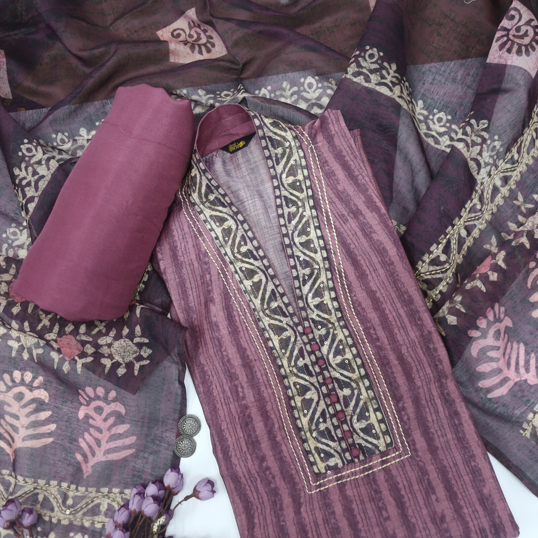 Afsoon Mulberry Purple Digital Printed Chanderi Top with Kantha Dupatta Set