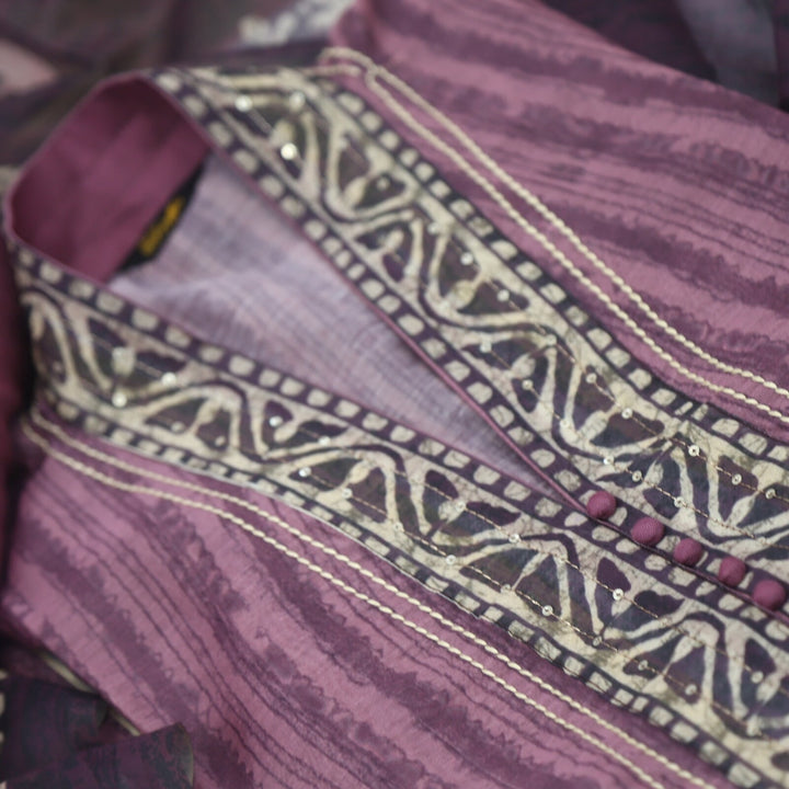 Afsoon Mulberry Purple Digital Printed Chanderi Top with Kantha Dupatta Set