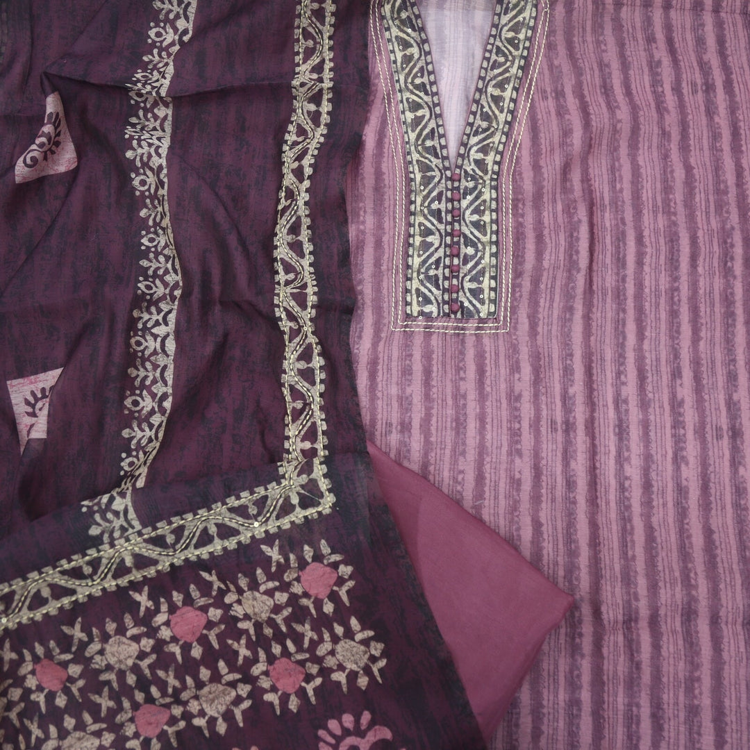 Afsoon Mulberry Purple Digital Printed Chanderi Top with Kantha Dupatta Set