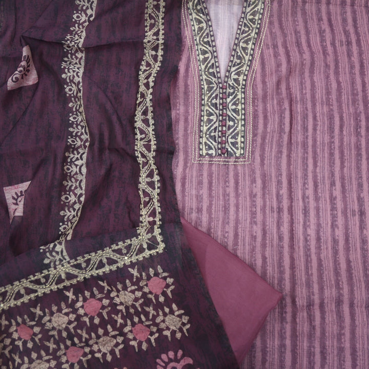 Afsoon Mulberry Purple Digital Printed Chanderi Top with Kantha Dupatta Set