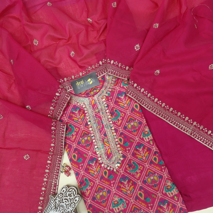 Hot Pink Patola Print Muslin 3 Piece Set with Beautiful Zari Work Dupatta