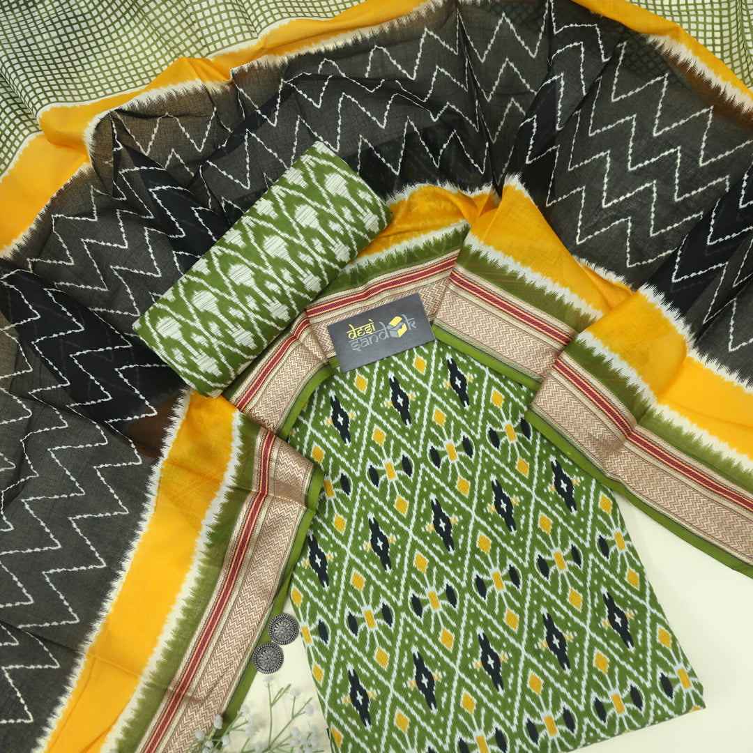 Heena Green Ikkat Printed Cotton Top with Printed Dupatta Set