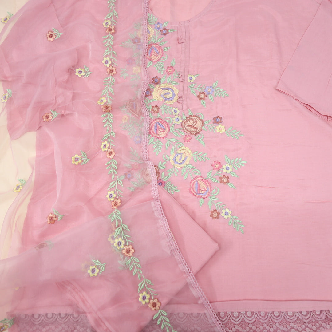 Flamingo Pink Embroidered Muslin Top with Organza Dupatta Set