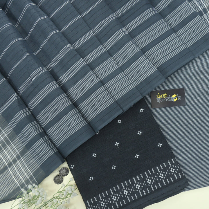 Dark Grey Cotton Dobby Top with Stripe Print Dupatta Set