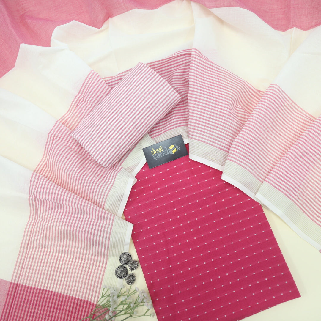 Hot Pink Cotton Dobby Top with Stripe Print Dupatta Set