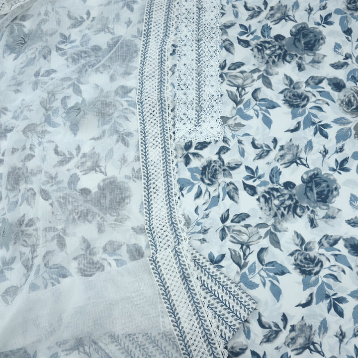 White and Blusish Grey Digital Printed Cotton Top with Hand Painted Kota Dupatta