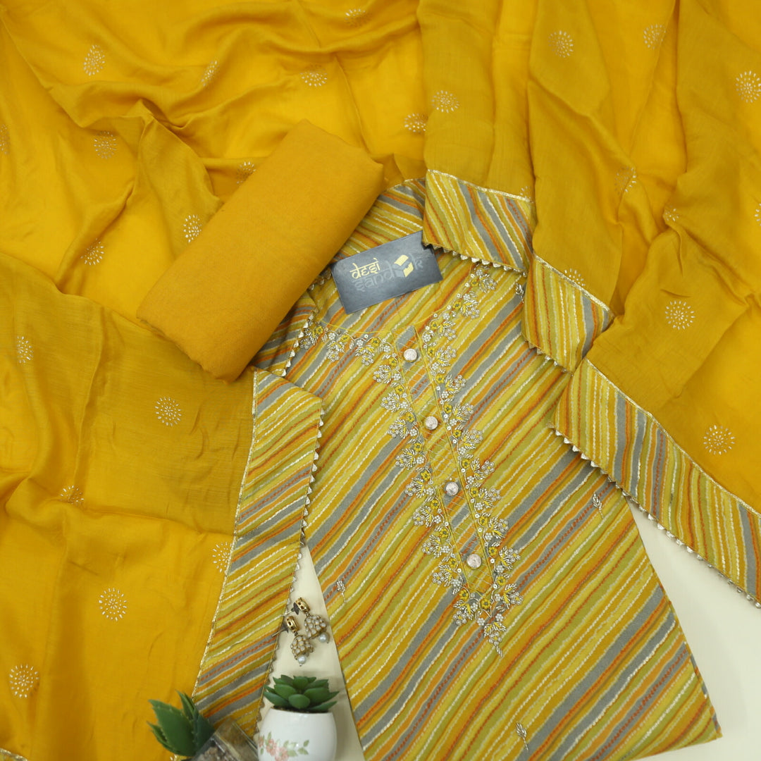 Shades of Yellow Leheriya Printed Muslin Top with Cotton Silk Dupatta Set