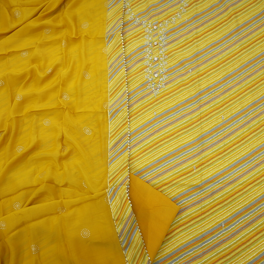 Shades of Yellow Leheriya Printed Muslin Top with Cotton Silk Dupatta Set