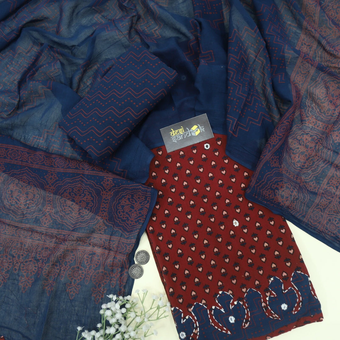 Red Ajrak Cotton Top with Applique Work and Blue Dupatta Set-D2