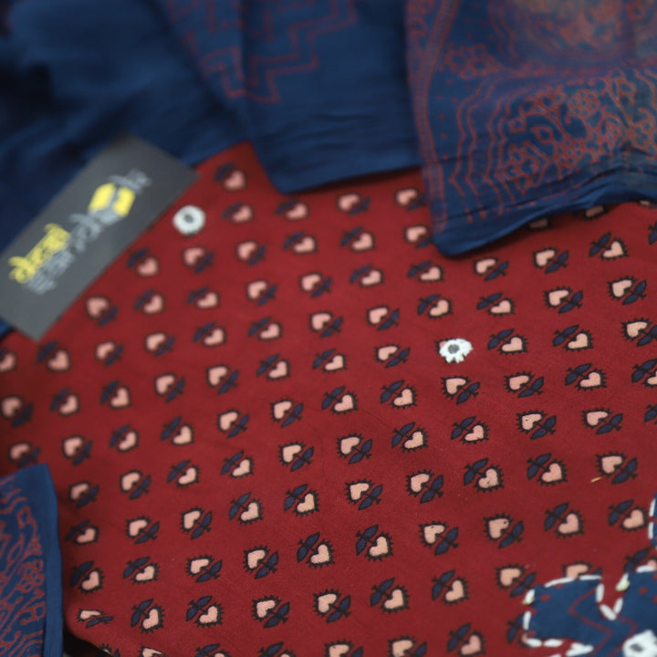 Red Ajrak Cotton Top with Applique Work and Blue Dupatta Set-D2