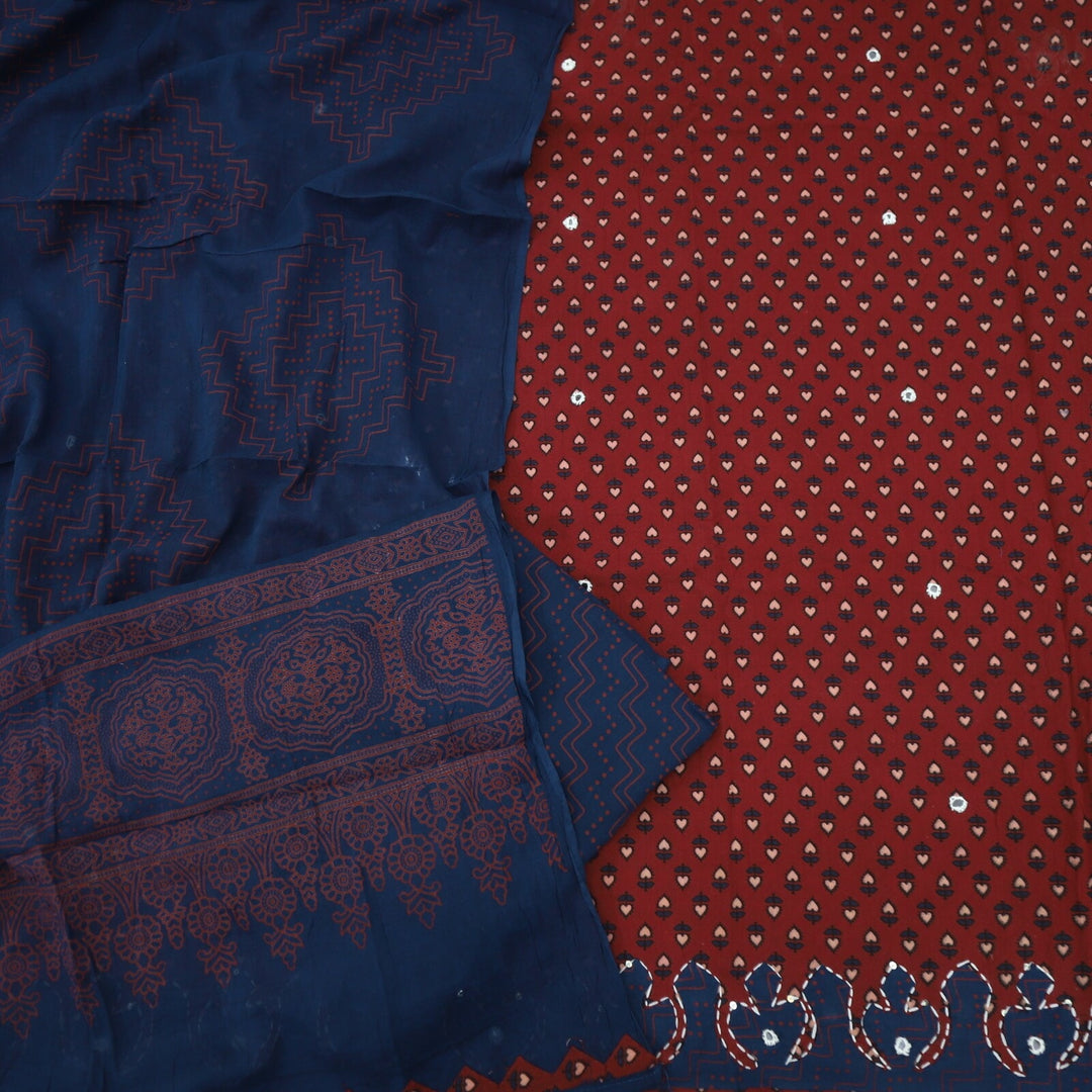 Red Ajrak Cotton Top with Applique Work and Blue Dupatta Set-D2