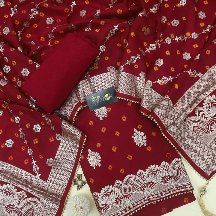 Maroon Red Bandhani Printed Dola Silk Top with Bandhani Dupatta Set
