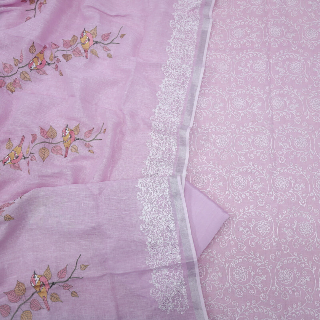 Flamingo Pink Embroidered linen Top with Bird Embroidered Linen Dupatta Set