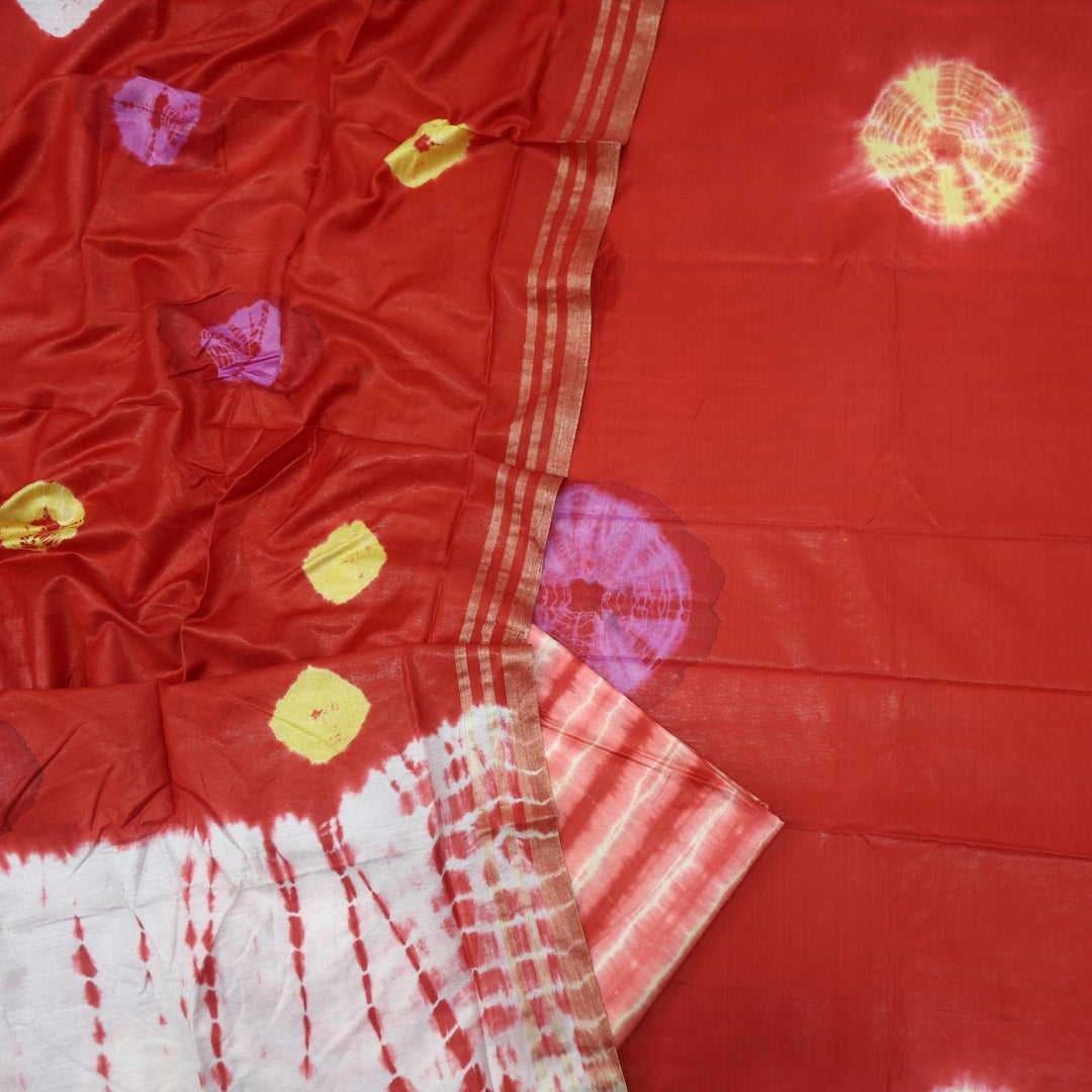 Tomato Red Shibori Digital Print Cotton Silk with Shibori Print Dupatta Set