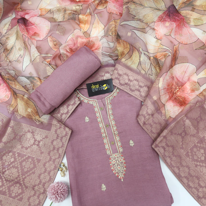 Viola Purple Embroidered Cotton Silk Top with Printed Brocade chanderi Dupatta Set