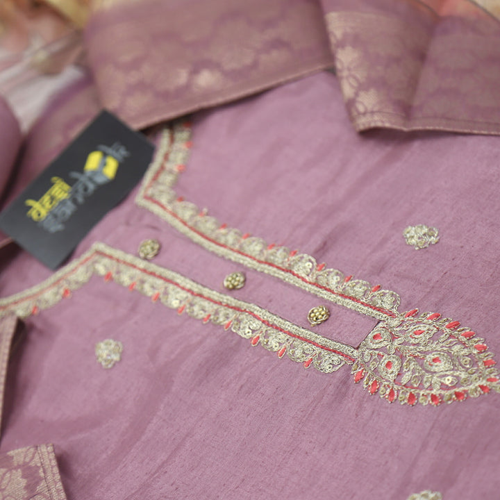 Viola Purple Embroidered Cotton Silk Top with Printed Brocade chanderi Dupatta Set