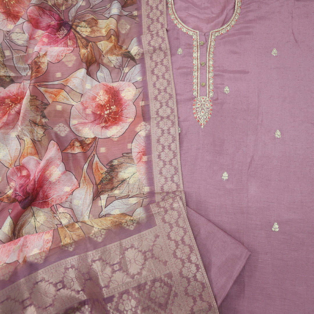 Viola Purple Embroidered Cotton Silk Top with Printed Brocade chanderi Dupatta Set