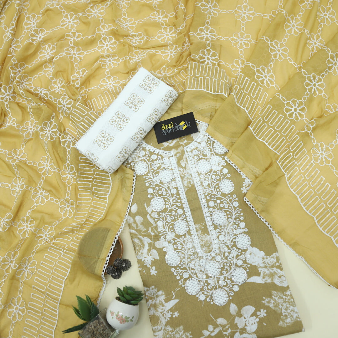 Peanut Beige Printed Top with Thread Work Chiffon Dupatta Set