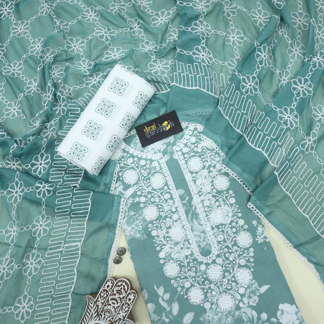 Sage Blue Printed Top with Thread Work Chiffon Dupatta Set