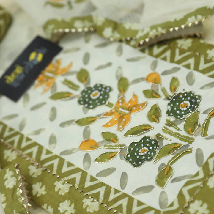 Olive Green Cotton Blend Top with Hand Printed Kota Dupatta Set