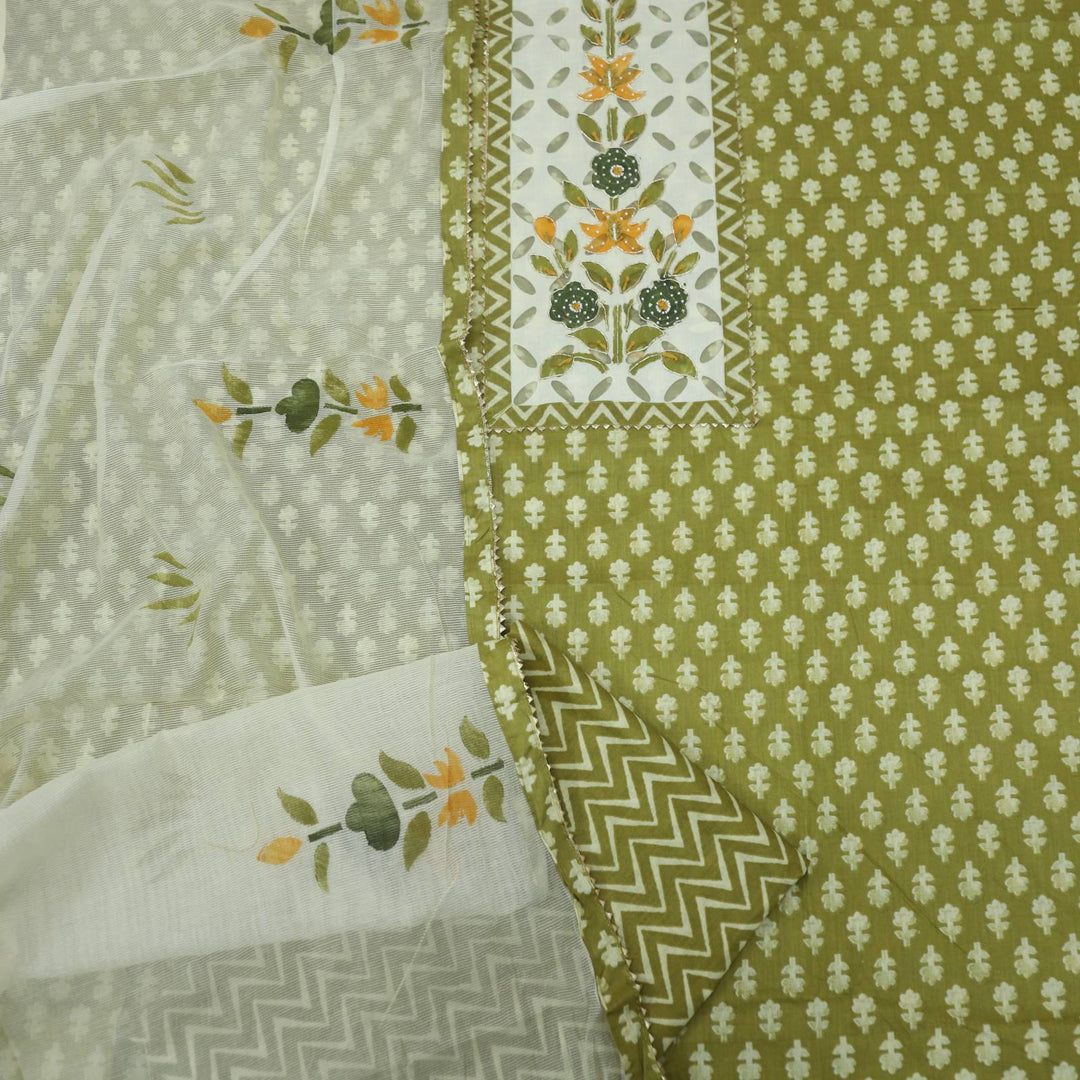 Olive Green Cotton Blend Top with Hand Printed Kota Dupatta Set