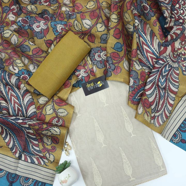 Sand Beige Thread Work Chanderi Top with Yellow Art Chanderi Silk Kalamkari Dupatta Set