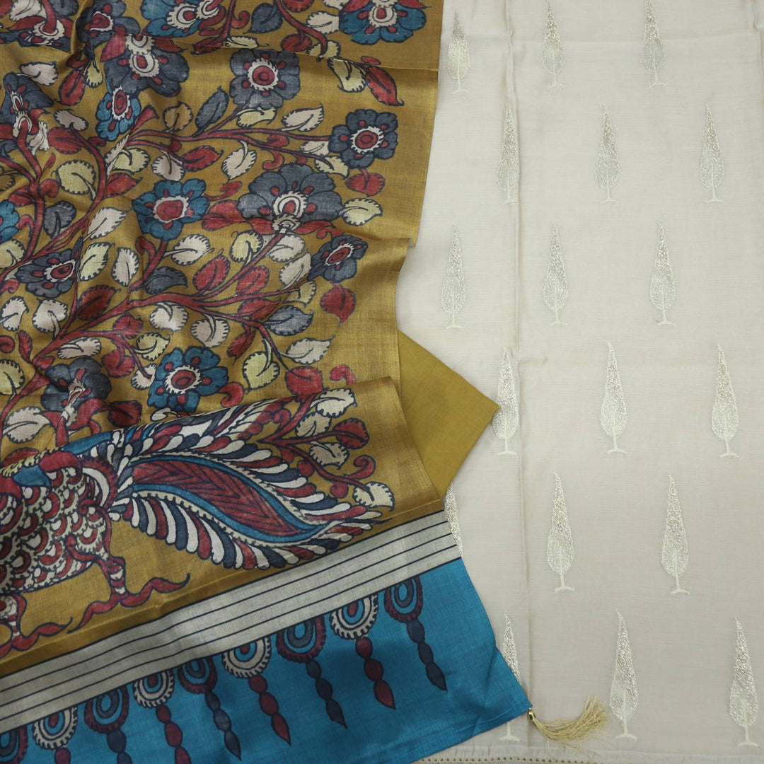 Sand Beige Thread Work Chanderi Top with Yellow Art Chanderi Silk Kalamkari Dupatta Set